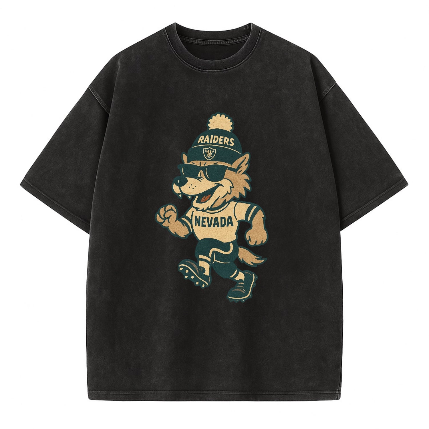Nevada Wolf wearing Raiders beanie with outlaw patch and wayfarer sunglasses - Vintage T-shirt - Black