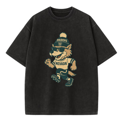 Nevada Wolf wearing Raiders beanie with outlaw patch and wayfarer sunglasses - Vintage T-shirt - Black