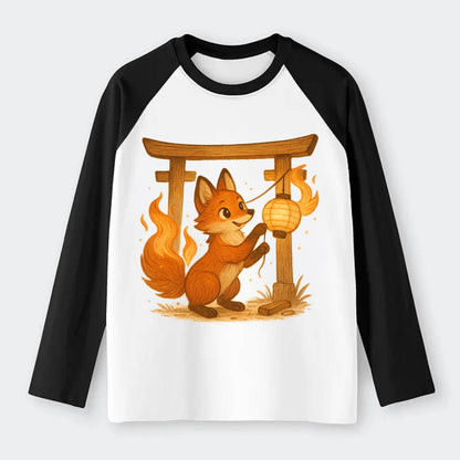 Foxfire kitsune stringing lanterns along a torii gate with tails of - Raglan Long Sleeve T-Shirt - Black