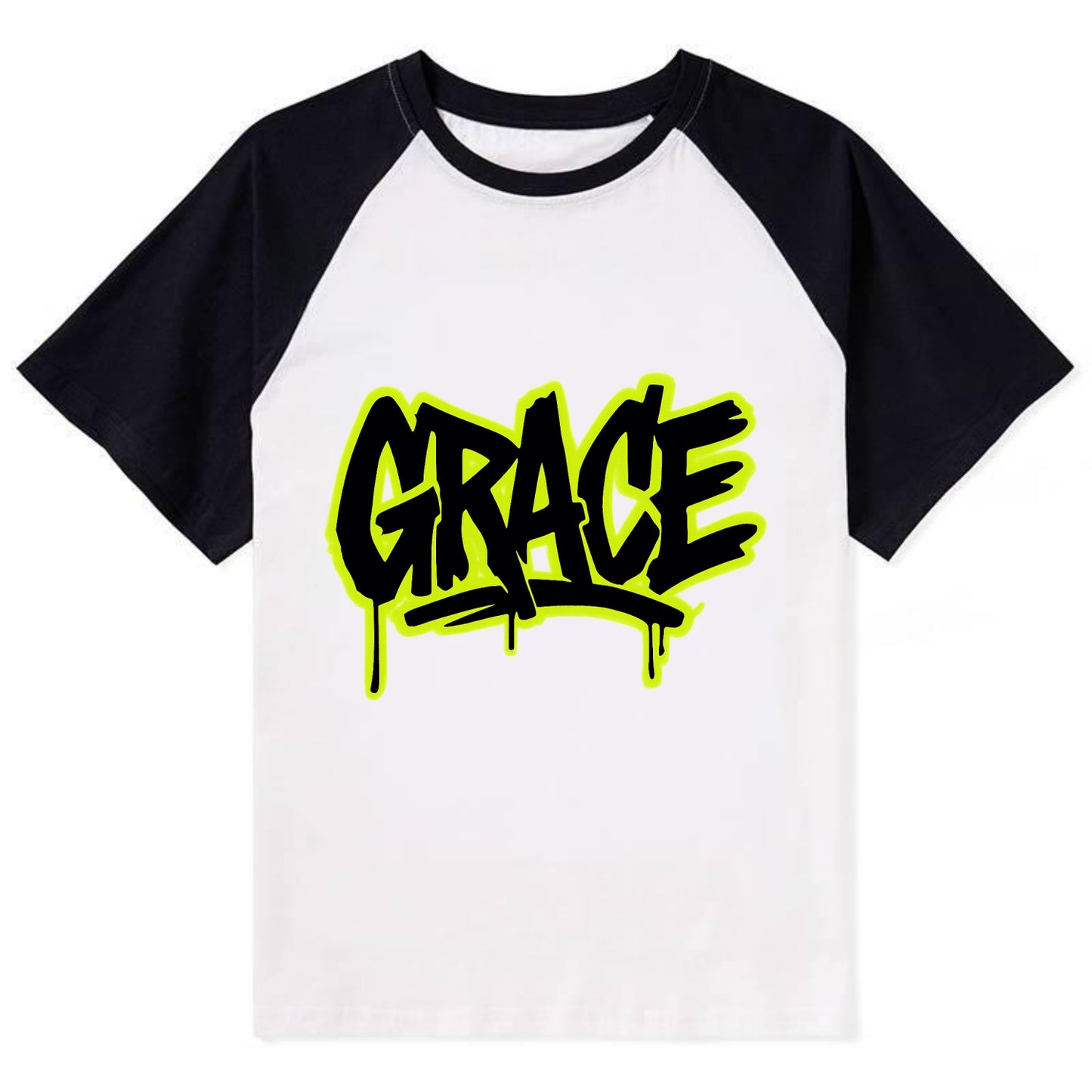 Bold typography design - "GRACE" - elegance under pressure, divine favor - Contrast Raglan T-shirt - Black