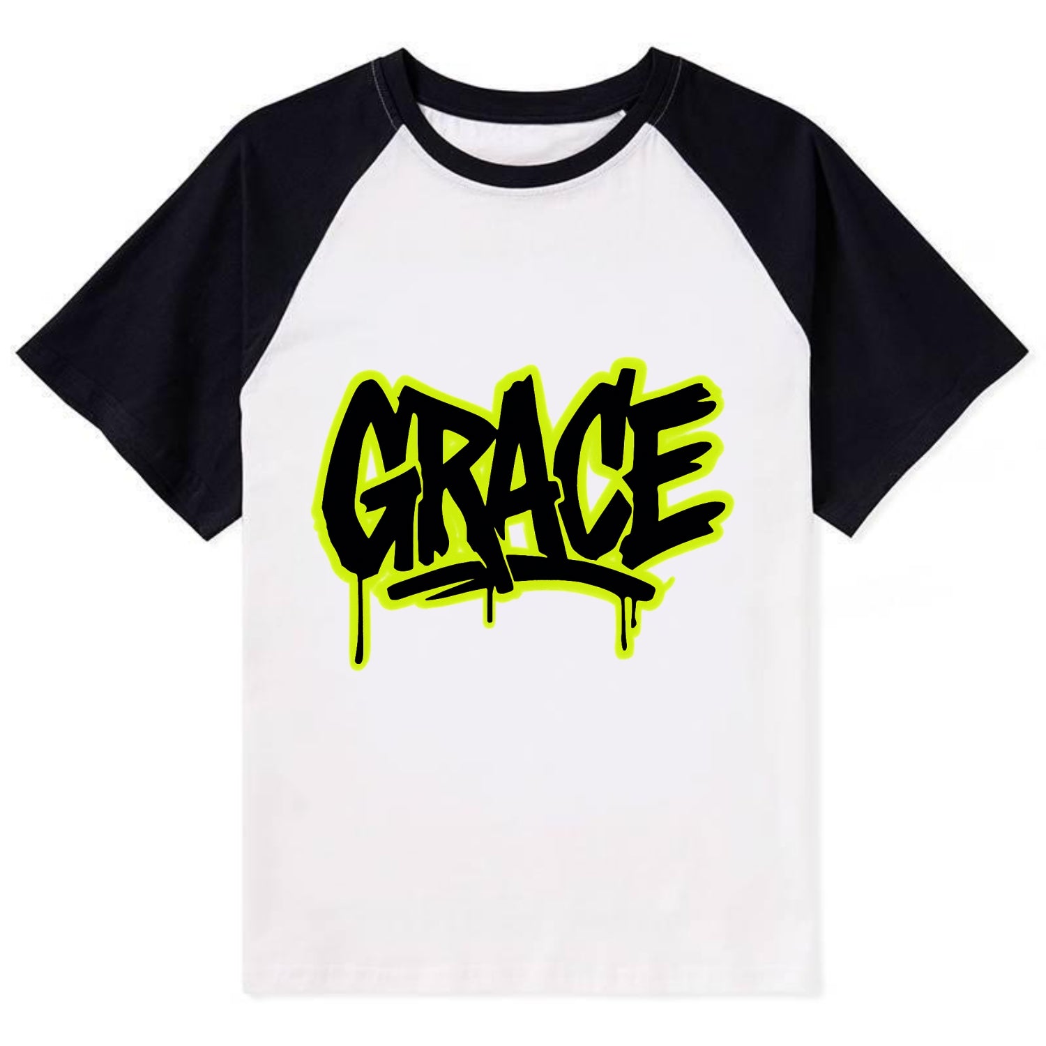 Bold typography design - "GRACE" - elegance under pressure, divine favor - Contrast Raglan T-shirt - Black