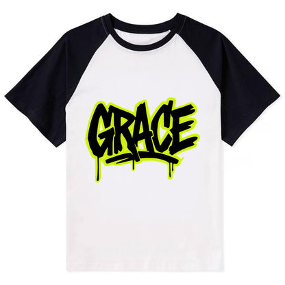 Bold typography design - "GRACE" - elegance under pressure, divine favor - Contrast Raglan T-shirt - Black
