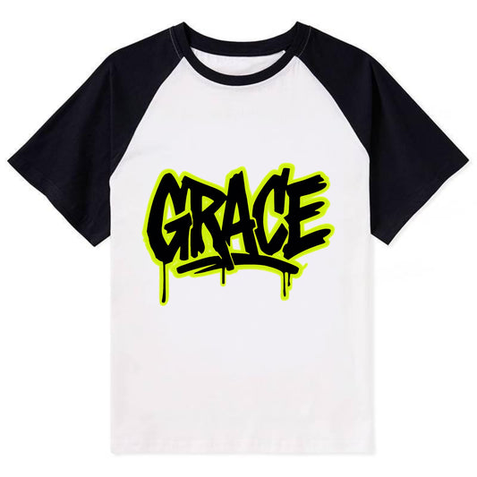 Bold typography design - "GRACE" - elegance under pressure, divine favor - Contrast Raglan T-shirt - Black