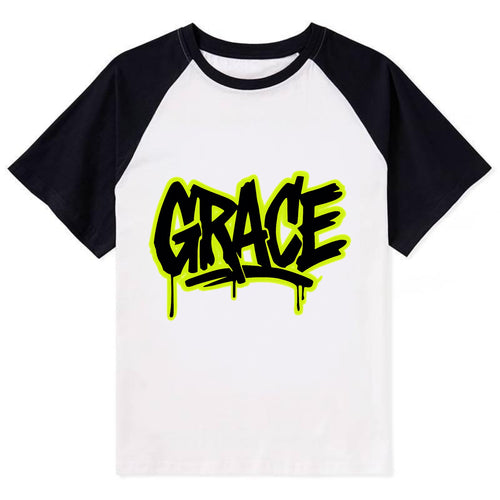 Bold typography design - GRACE - elegance under pressure, divine favor - Contrast Raglan T-shirt