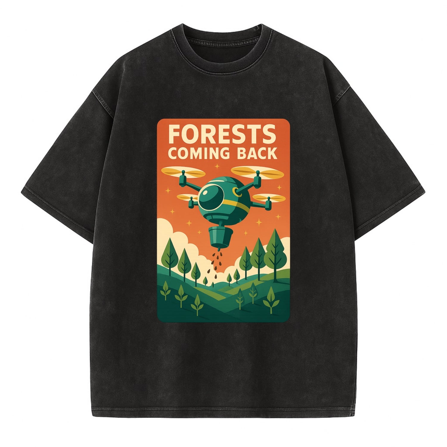Reforestation drone planting millions of trees - "Forests Coming Back" - nature - Vintage T-shirt - Black