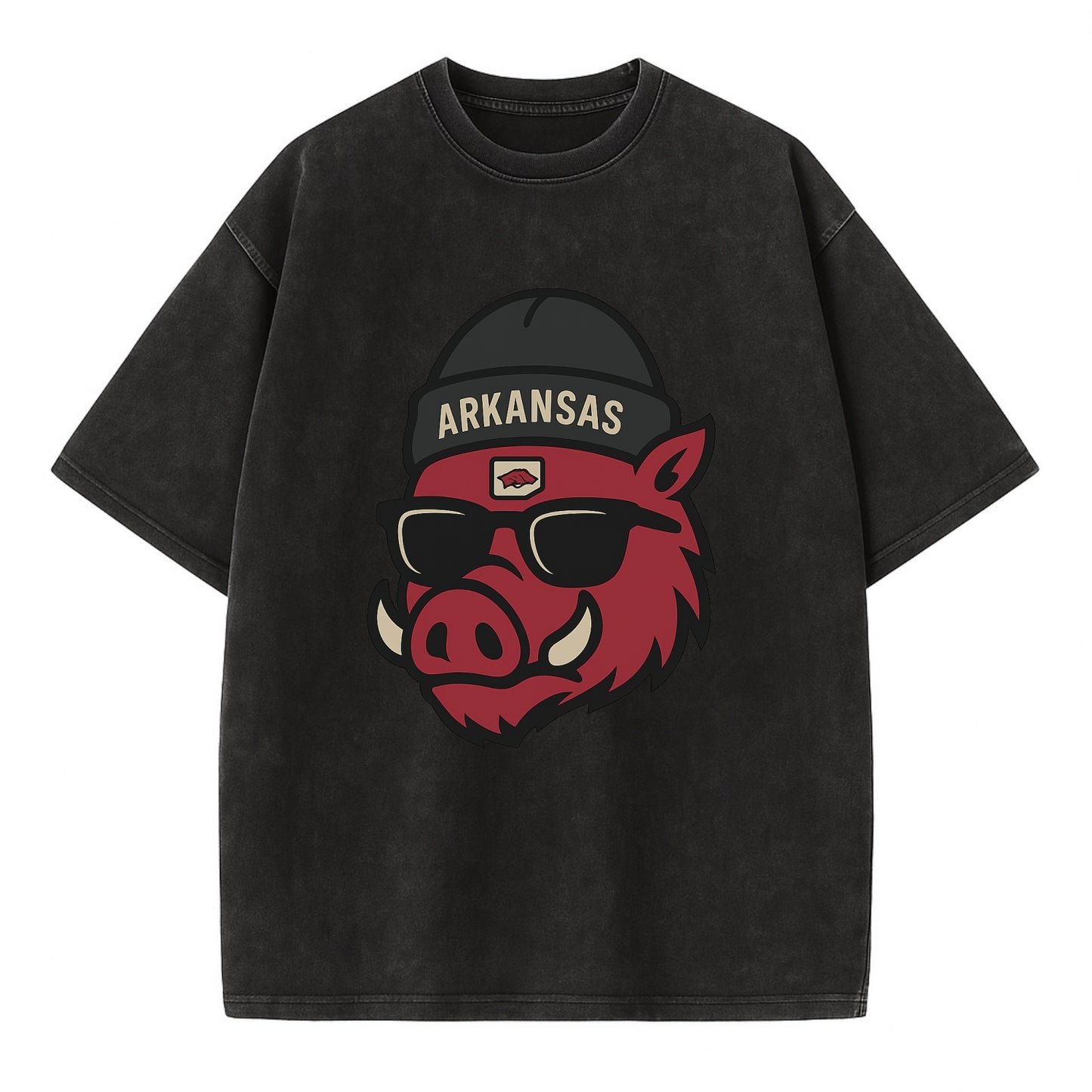 Fayetteville Razorback wearing Arkansas beanie with hog patch - Vintage T-shirt - Black