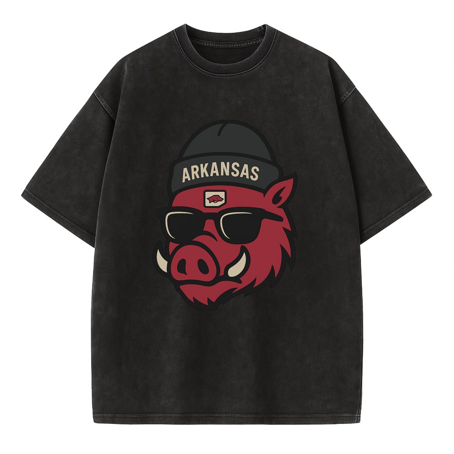 Fayetteville Razorback wearing Arkansas beanie with hog patch - Vintage T-shirt - Black