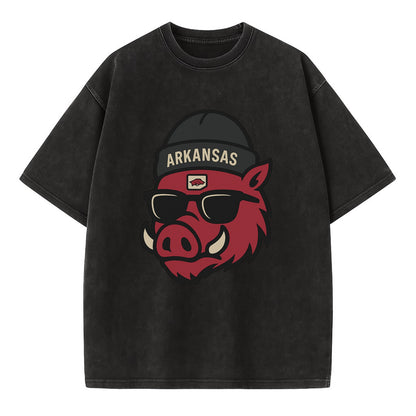 Fayetteville Razorback wearing Arkansas beanie with hog patch - Vintage T-shirt - Black