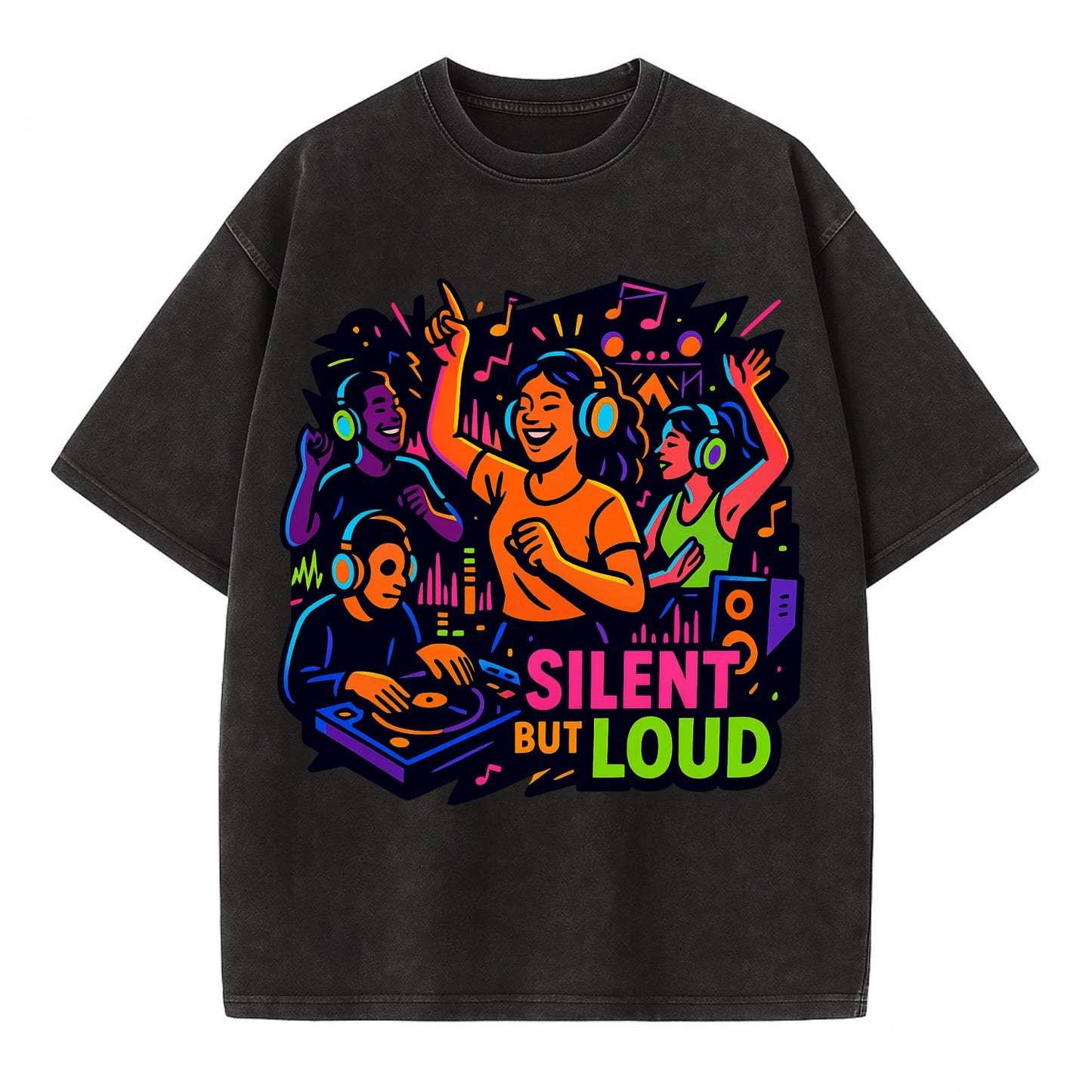 Silent disco dancers with glowing headphones - "Silent But Loud" - unique concert - Vintage T-shirt - Black