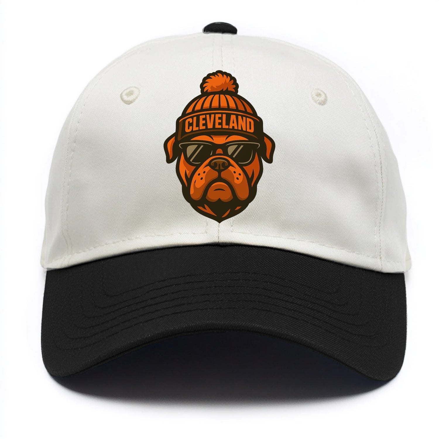 Cleveland Bulldog wearing Browns orange and brown beanie with pom pom and wayfarer - Two Tone Cap - Black
