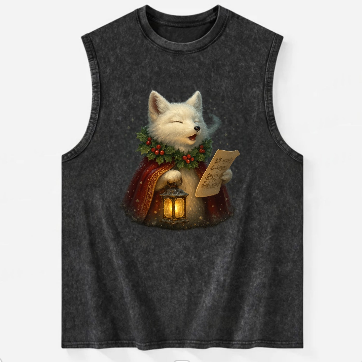 Snowbound Arctic Fox Caroler  - Vintage Washed Tank - Black