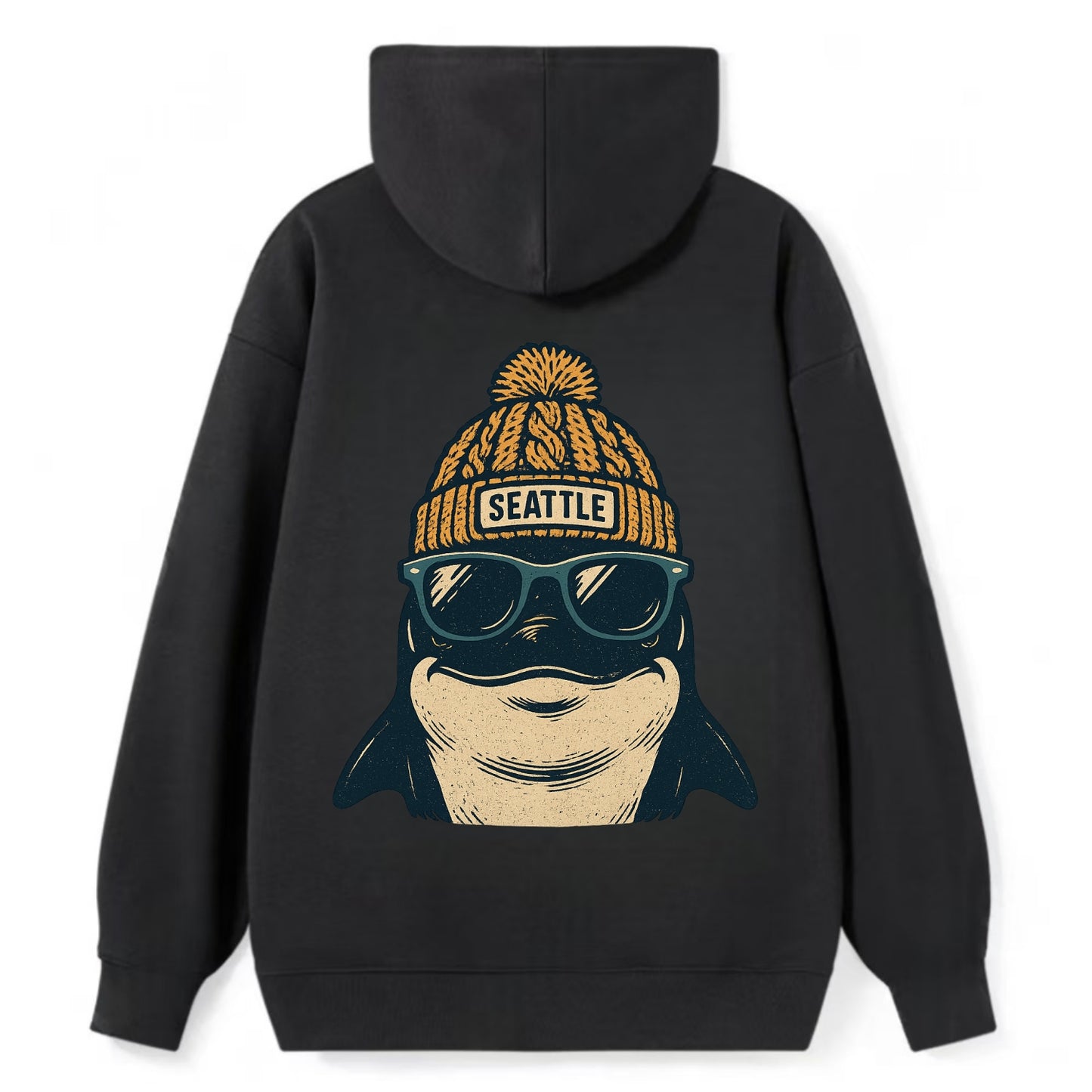 Seattle Orca wearing Seattle beanie with pom pom and wayfarer sunglasses - Classic Pullover Hoodie - Black