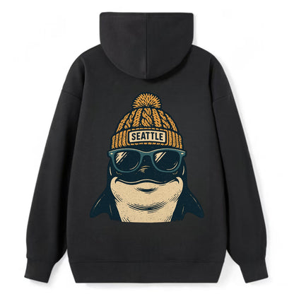 Seattle Orca wearing Seattle beanie with pom pom and wayfarer sunglasses - Classic Pullover Hoodie - Black