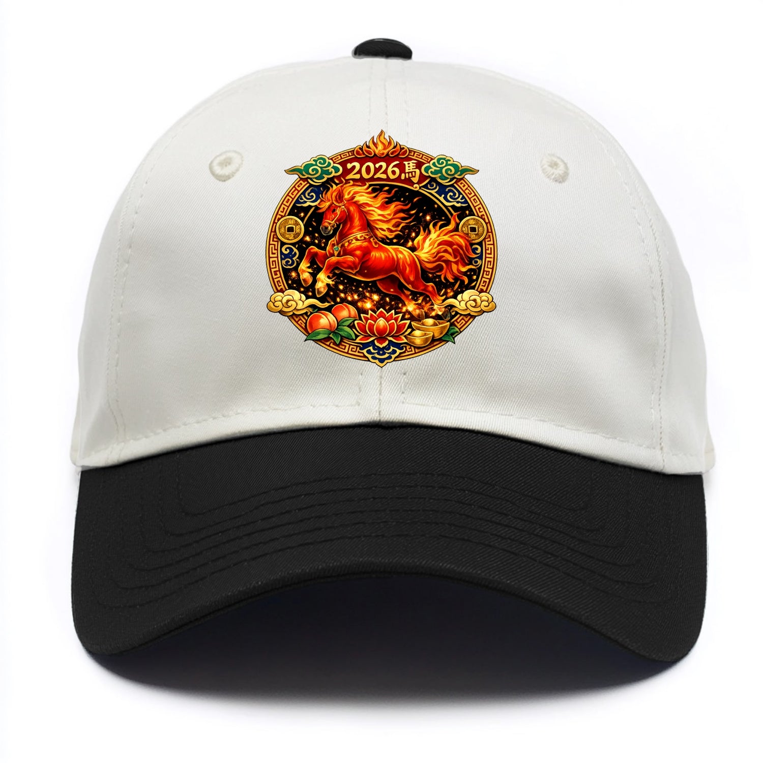FIRE HORSE | Flaming mane and tail horse | Blazing orange and red colors | Dynamic - Two Tone Cap - Black