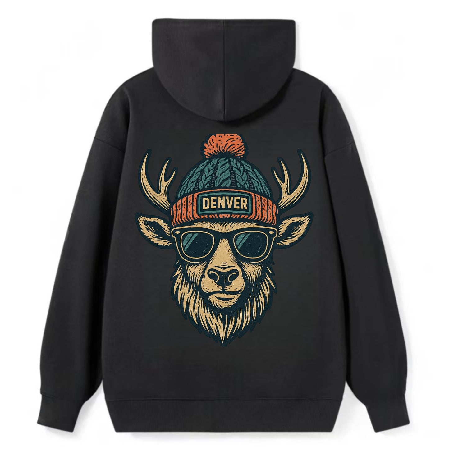 Denver Elk wearing Denver beanie with pom pom and wayfarer sunglasses - Classic Pullover Hoodie - Black