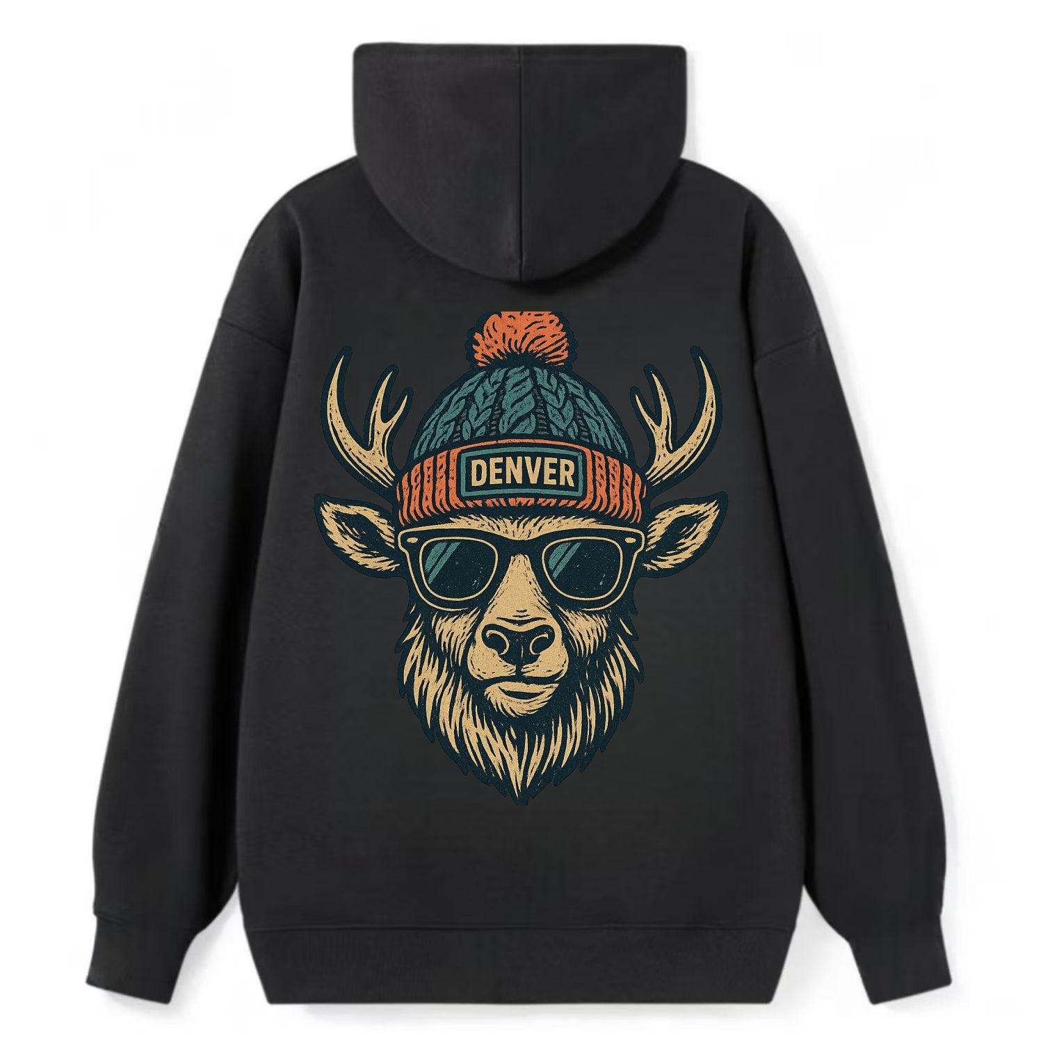 Denver Elk wearing Denver beanie with pom pom and wayfarer sunglasses - Classic Pullover Hoodie - Black