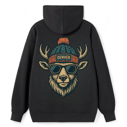 Denver Elk wearing Denver beanie with pom pom and wayfarer sunglasses - Classic Pullover Hoodie - Black