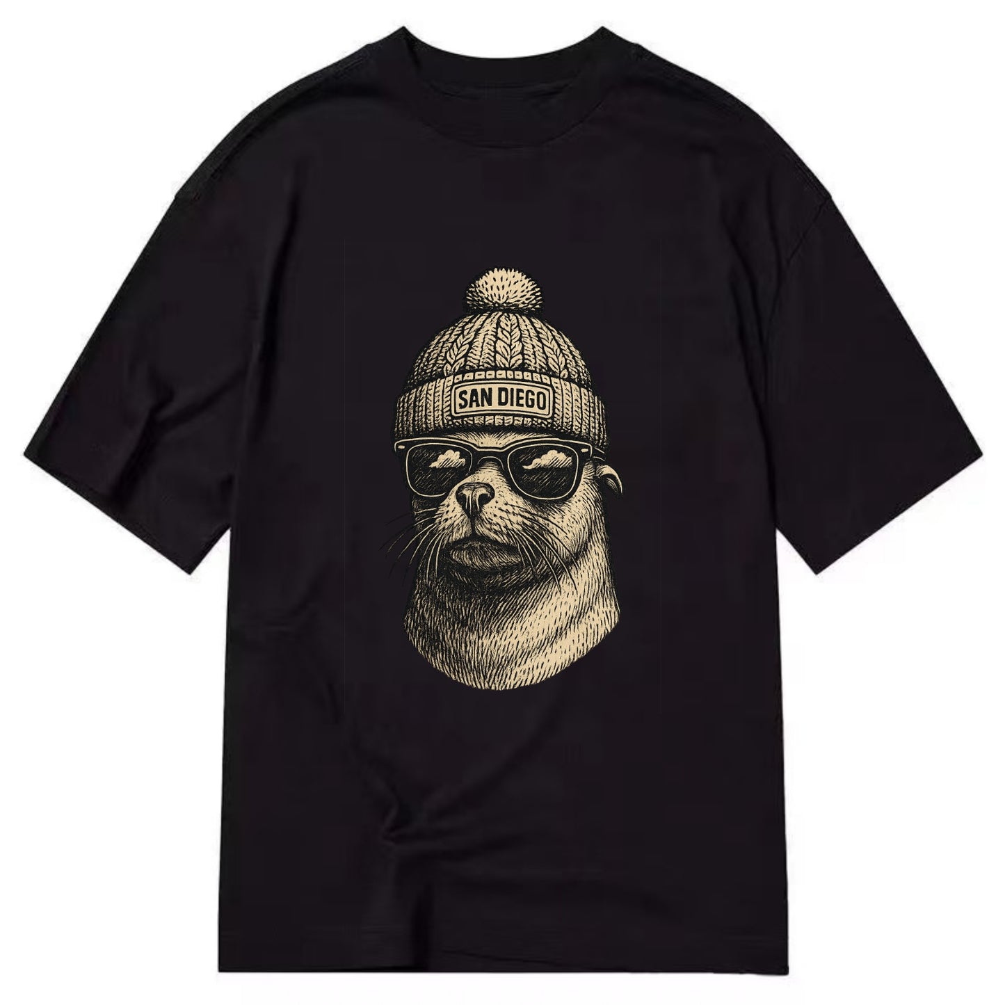 San Diego Sea Lion wearing San Diego beanie with pom pom and wayfarer sunglasses - Classic T-shirt - Black