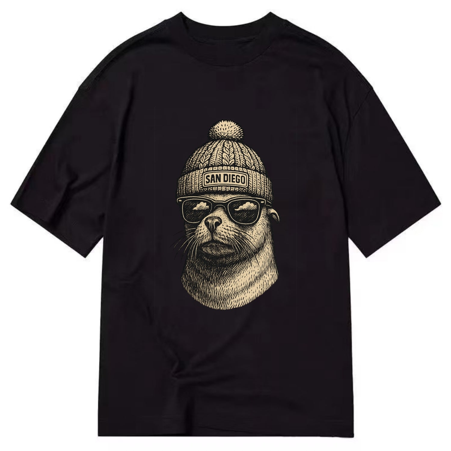 San Diego Sea Lion wearing San Diego beanie with pom pom and wayfarer sunglasses - Classic T-shirt - Black