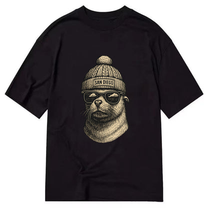 San Diego Sea Lion wearing San Diego beanie with pom pom and wayfarer sunglasses - Classic T-shirt - Black