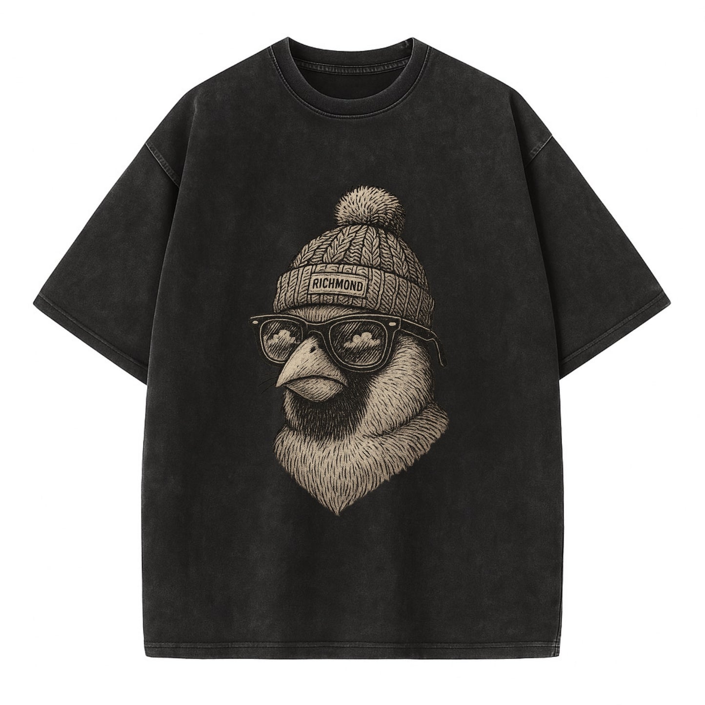Virginia Cardinal wearing Richmond beanie with pom pom and wayfarer sunglasses - Vintage T-shirt - Black