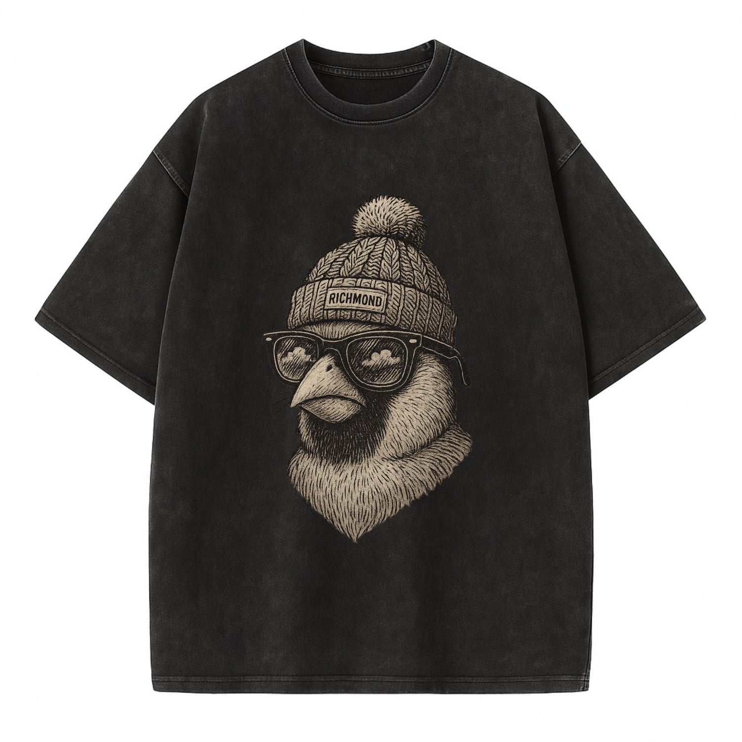 Virginia Cardinal wearing Richmond beanie with pom pom and wayfarer sunglasses - Vintage T-shirt - Black
