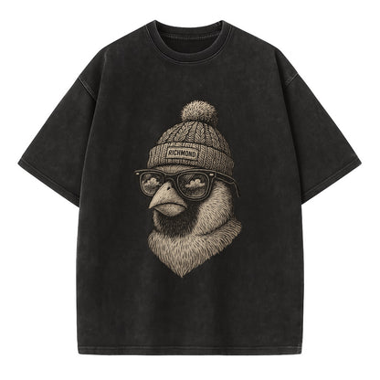 Virginia Cardinal wearing Richmond beanie with pom pom and wayfarer sunglasses - Vintage T-shirt - Black