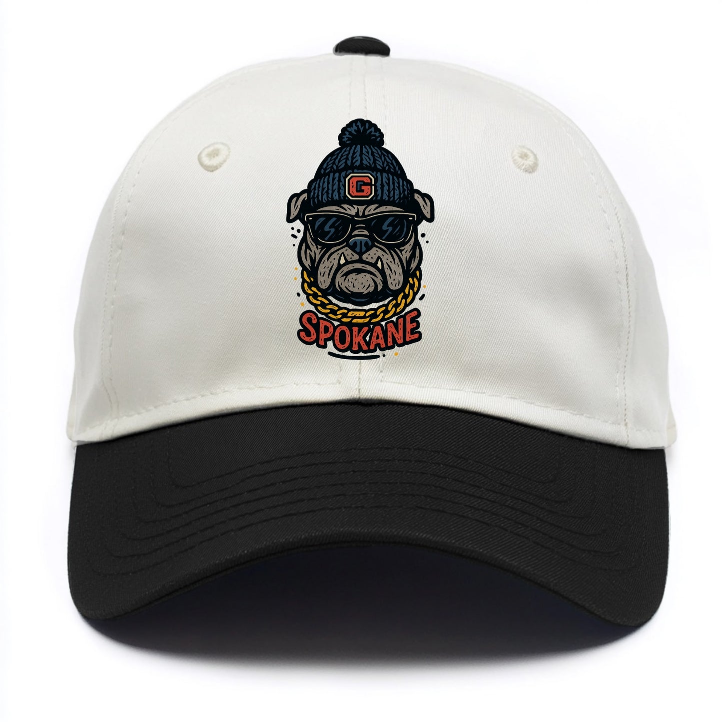 Spokane Bulldog wearing Gonzaga beanie with G patch - Two Tone Cap - Black