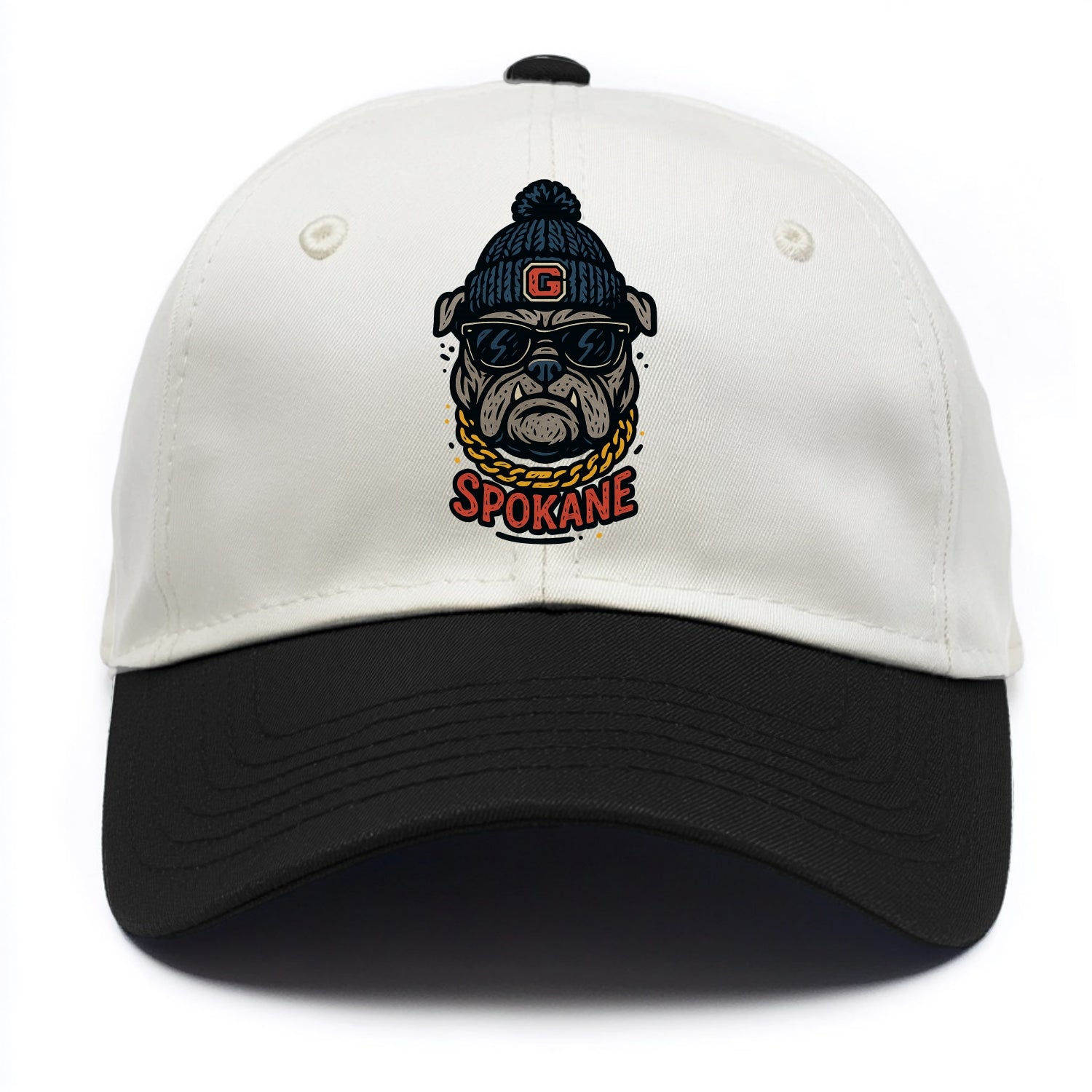 Spokane Bulldog wearing Gonzaga beanie with G patch - Two Tone Cap - Black