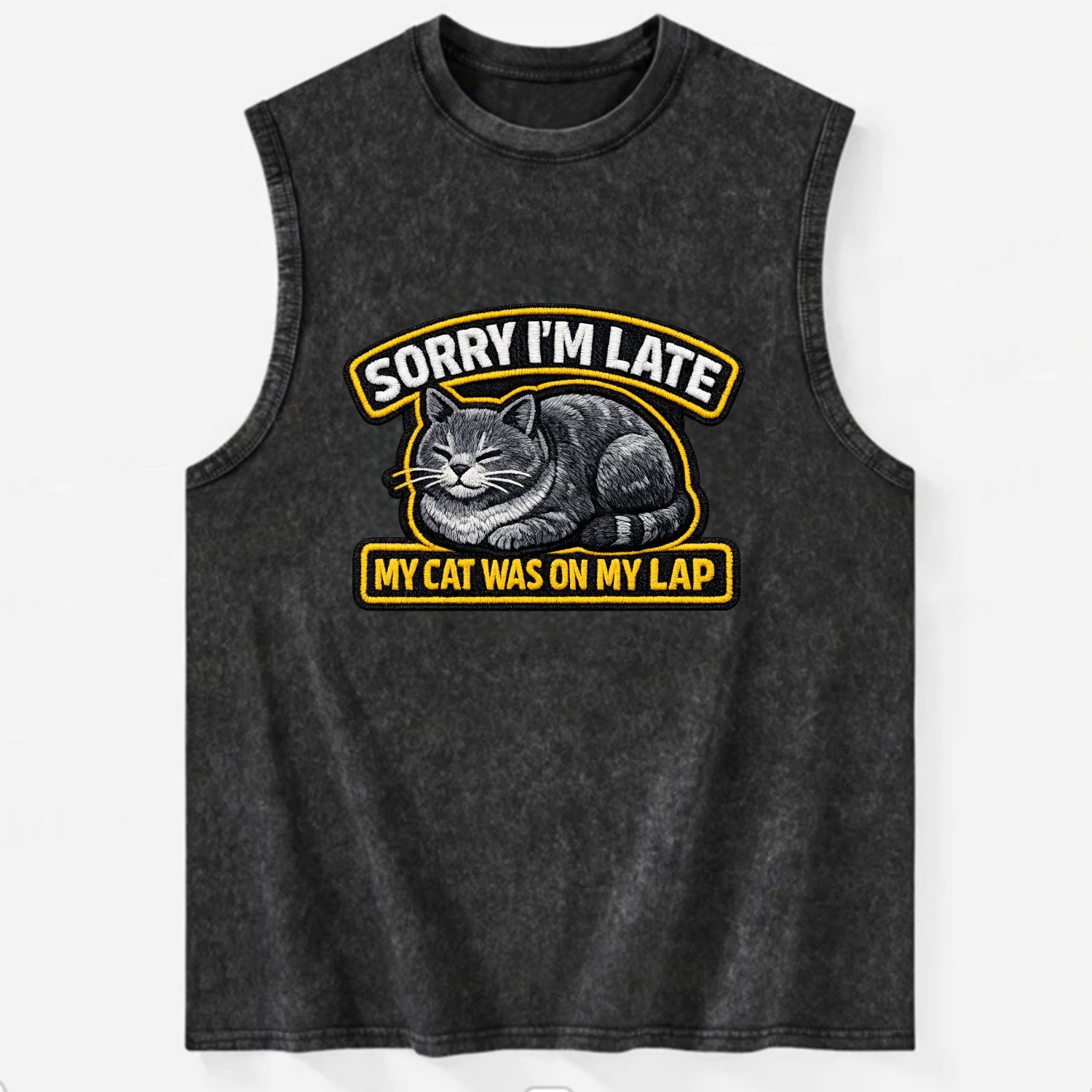 SORRY IM LATE MY CAT WAS ON MY LAP - cat loaf in gray , valid excuse - Vintage Washed Tank - Black