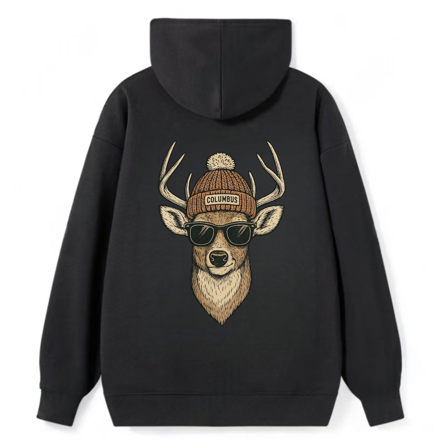 Ohio White-tailed Deer wearing Columbus beanie with pom pom and wayfarer - Classic Pullover Hoodie - Black