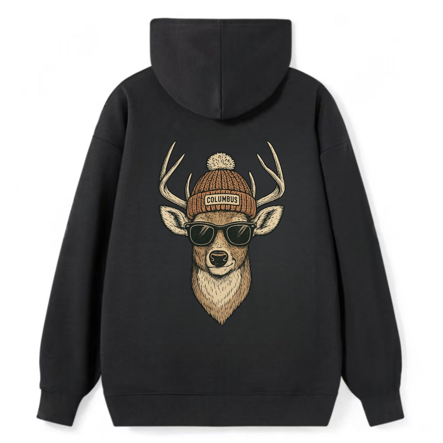 Ohio White-tailed Deer wearing Columbus beanie with pom pom and wayfarer - Classic Pullover Hoodie - Black