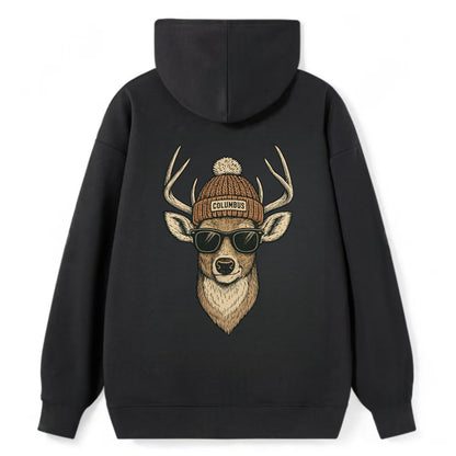 Ohio White-tailed Deer wearing Columbus beanie with pom pom and wayfarer - Classic Pullover Hoodie - Black