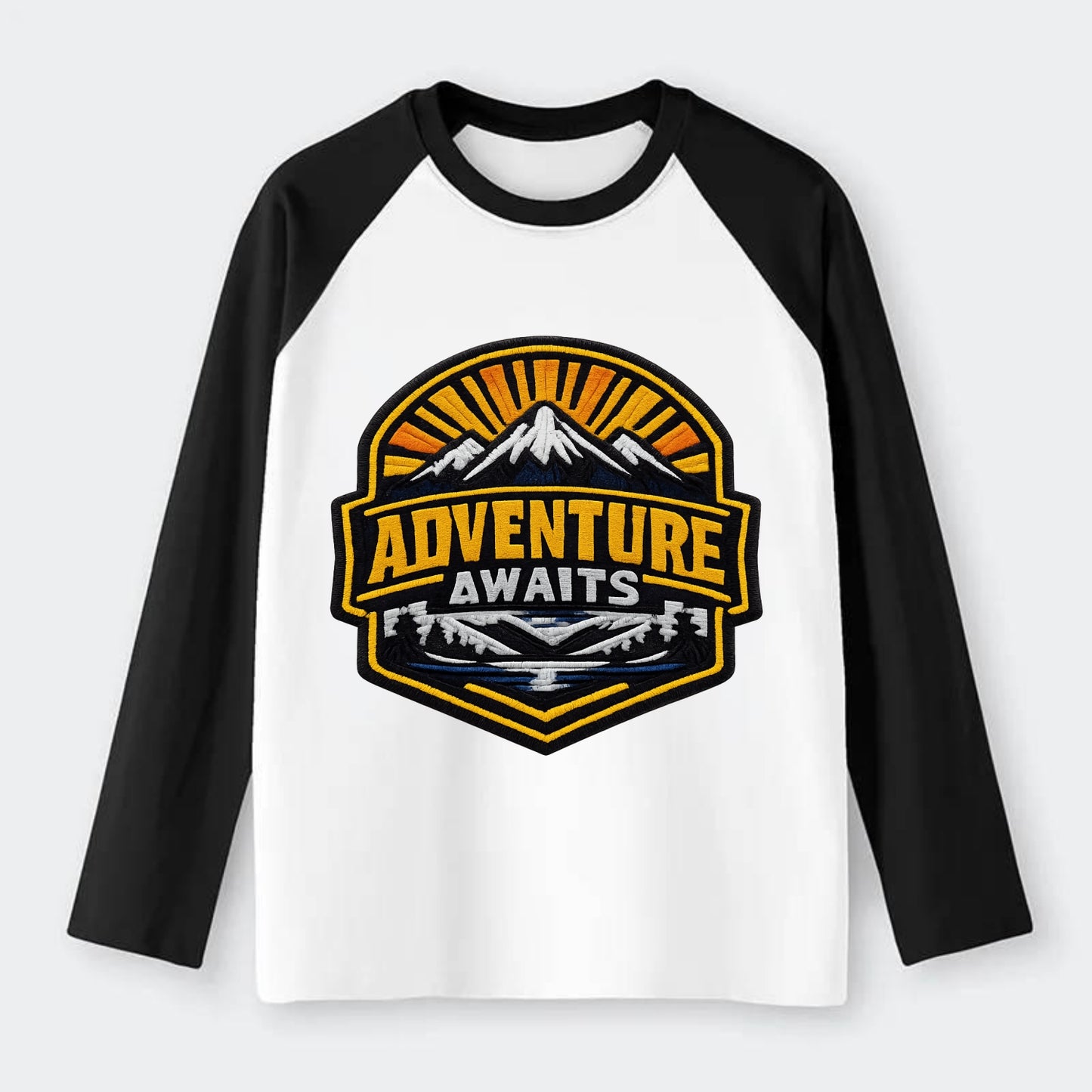 ADVENTURE AWAITS - mountain sunrise with text in gold and blue , - Raglan Long Sleeve T-Shirt - Black