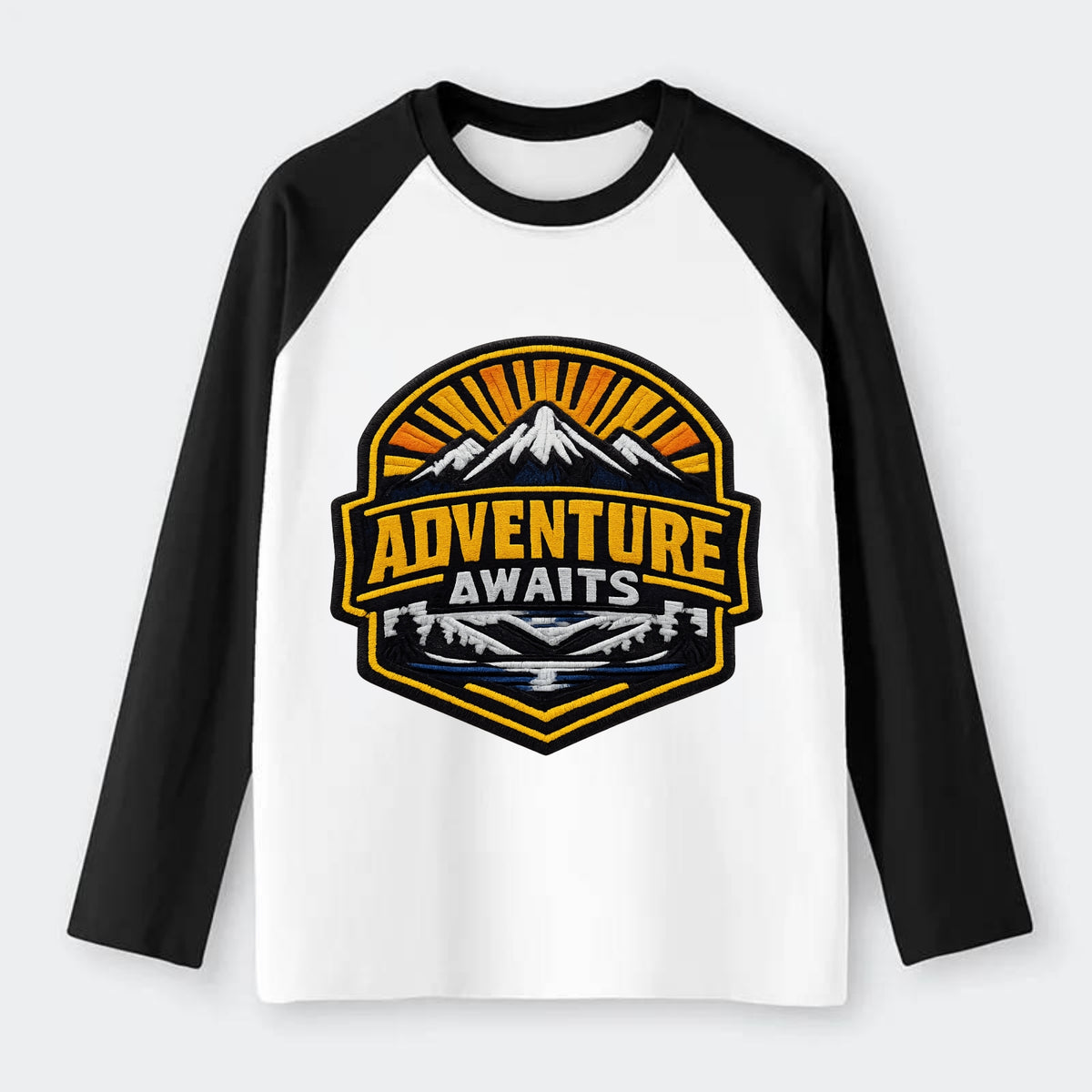 ADVENTURE AWAITS - mountain sunrise with text in gold and blue , - Raglan Long Sleeve T-Shirt - Black