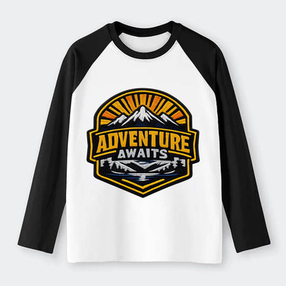 ADVENTURE AWAITS - mountain sunrise with text in gold and blue , - Raglan Long Sleeve T-Shirt - Black