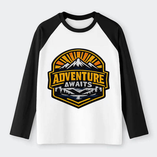 ADVENTURE AWAITS - mountain sunrise with text in gold and blue , - Raglan Long Sleeve T-Shirt - Black