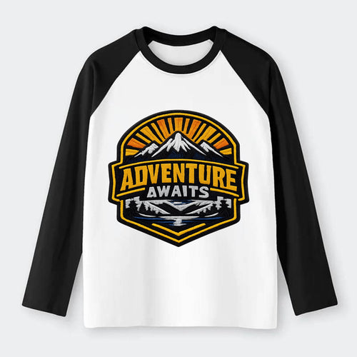 ADVENTURE AWAITS - mountain sunrise with text in gold and blue , - Raglan Long Sleeve T-Shirt
