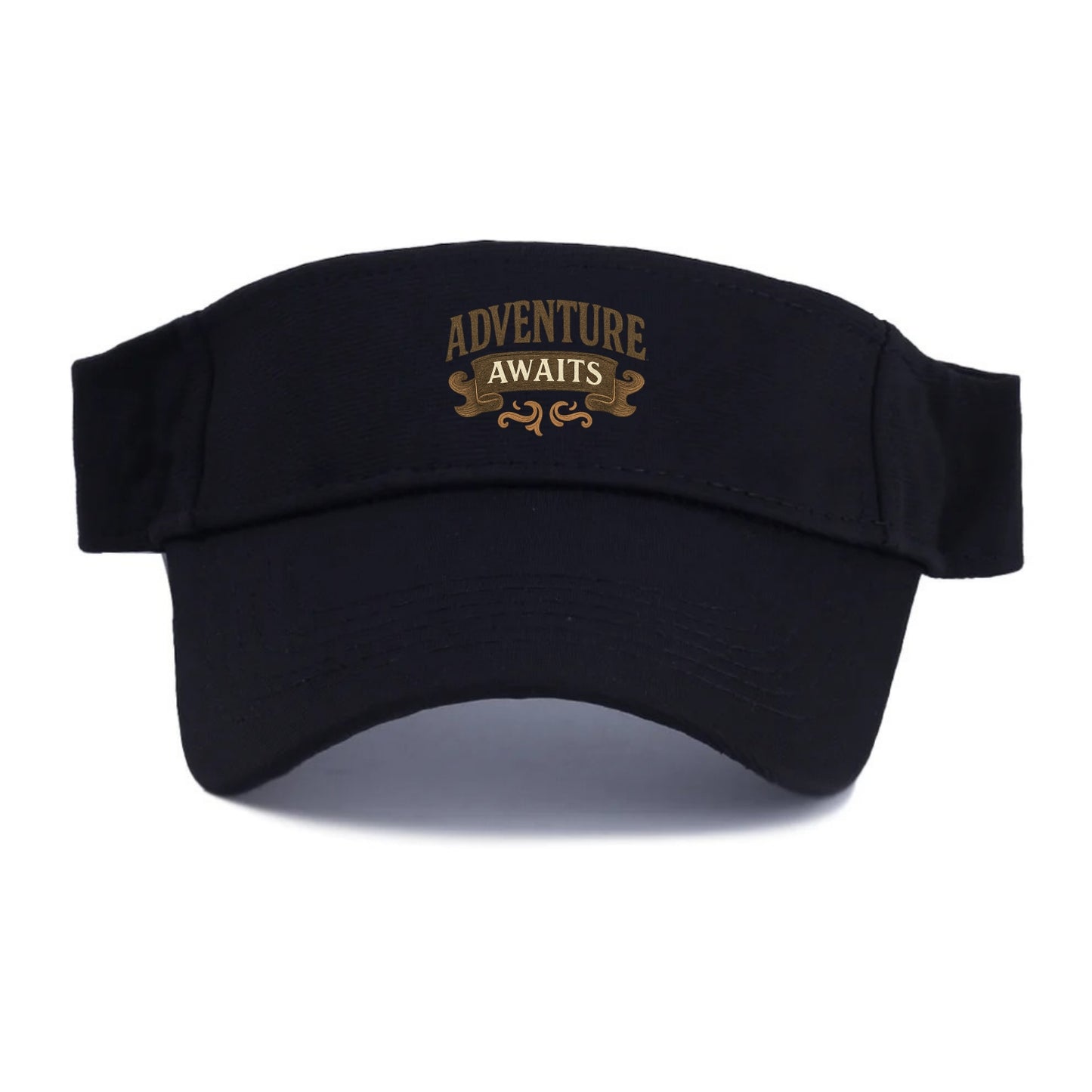 Bold typography design - "ADVENTURE AWAITS" - excitement ahead, ready for anything - Visor - Black