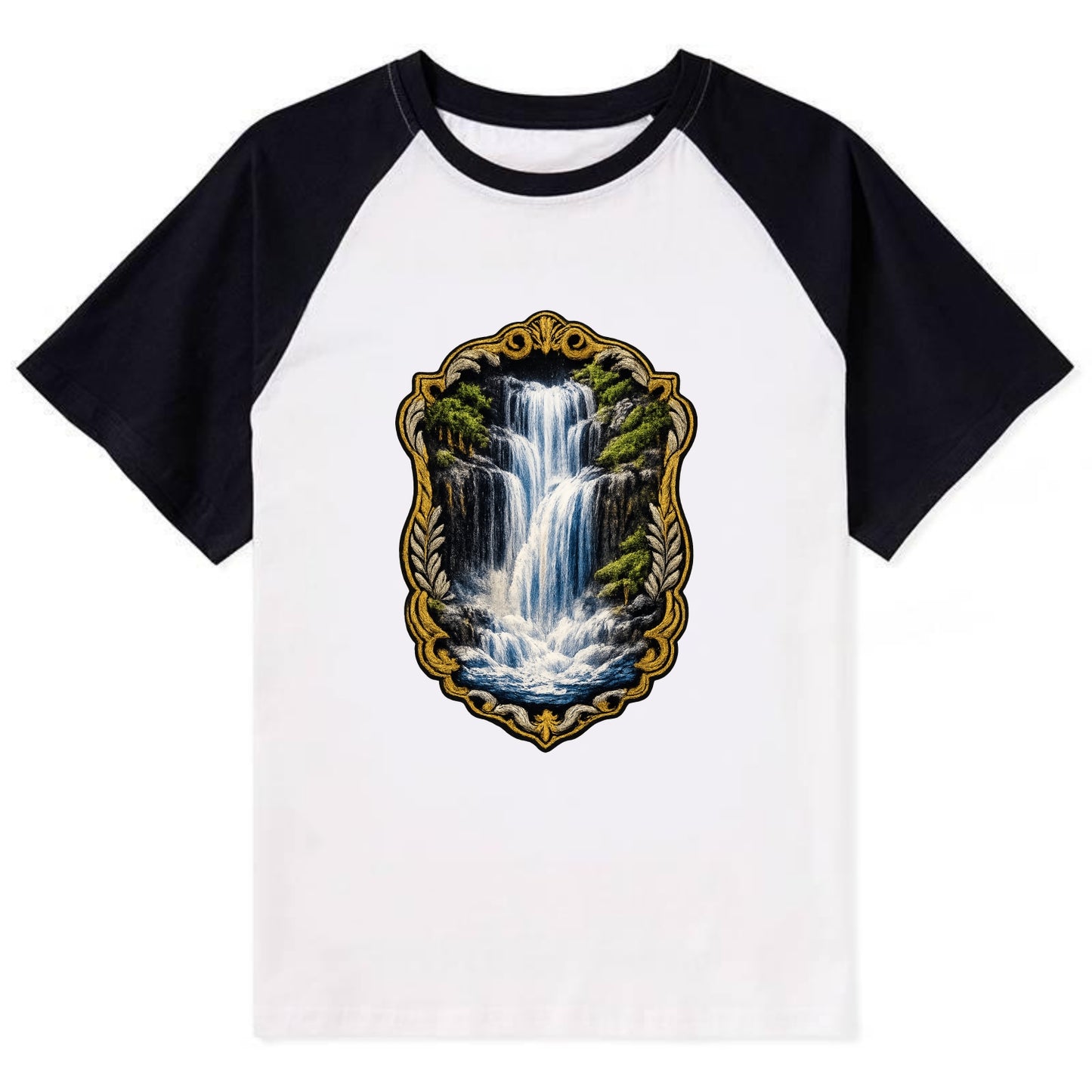 WATERFALL CASCADE - falling water with mist in blue and white , nature - Contrast Raglan T-shirt - Black