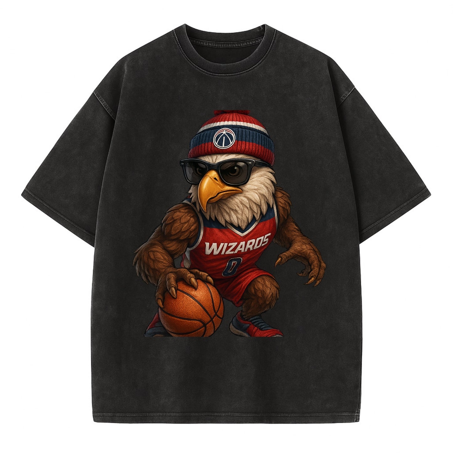 DC Eagle wearing Wizards red white and blue beanie with monument patch and - Vintage T-shirt - Black