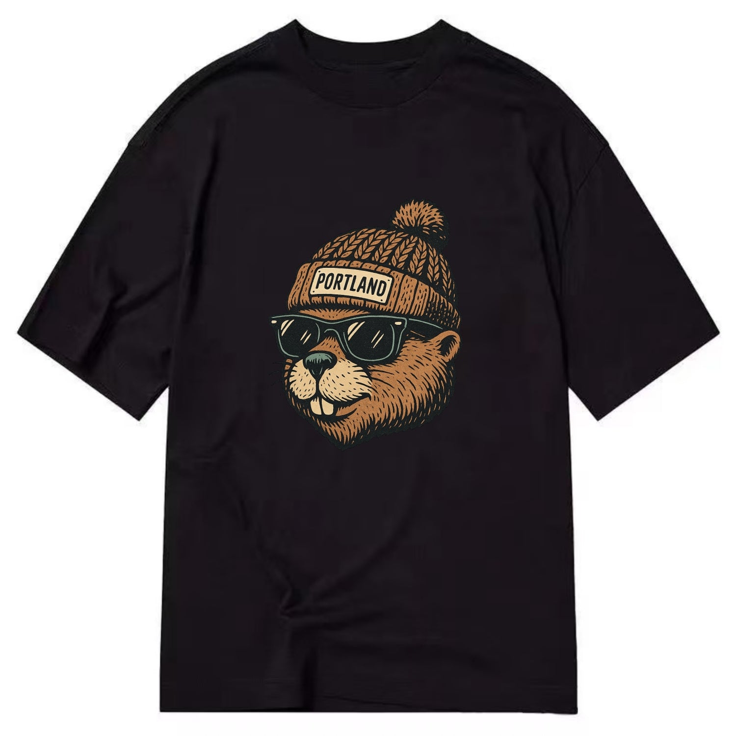 Portland Beaver wearing Portland beanie with pom pom and wayfarer sunglasses - Classic T-shirt - Black
