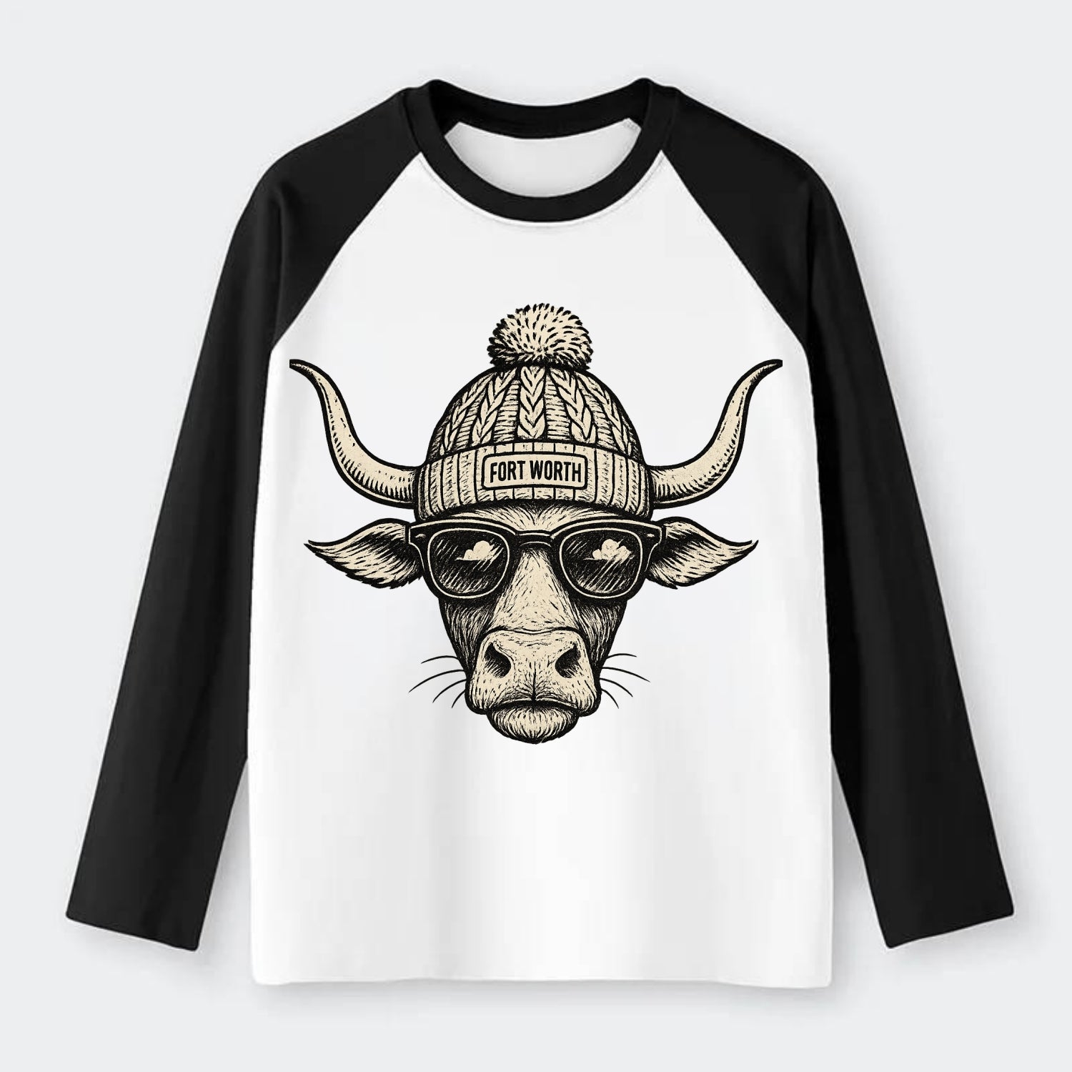 Fort Worth Longhorn wearing Fort Worth beanie with pom pom and - Raglan Long Sleeve T-Shirt - Black