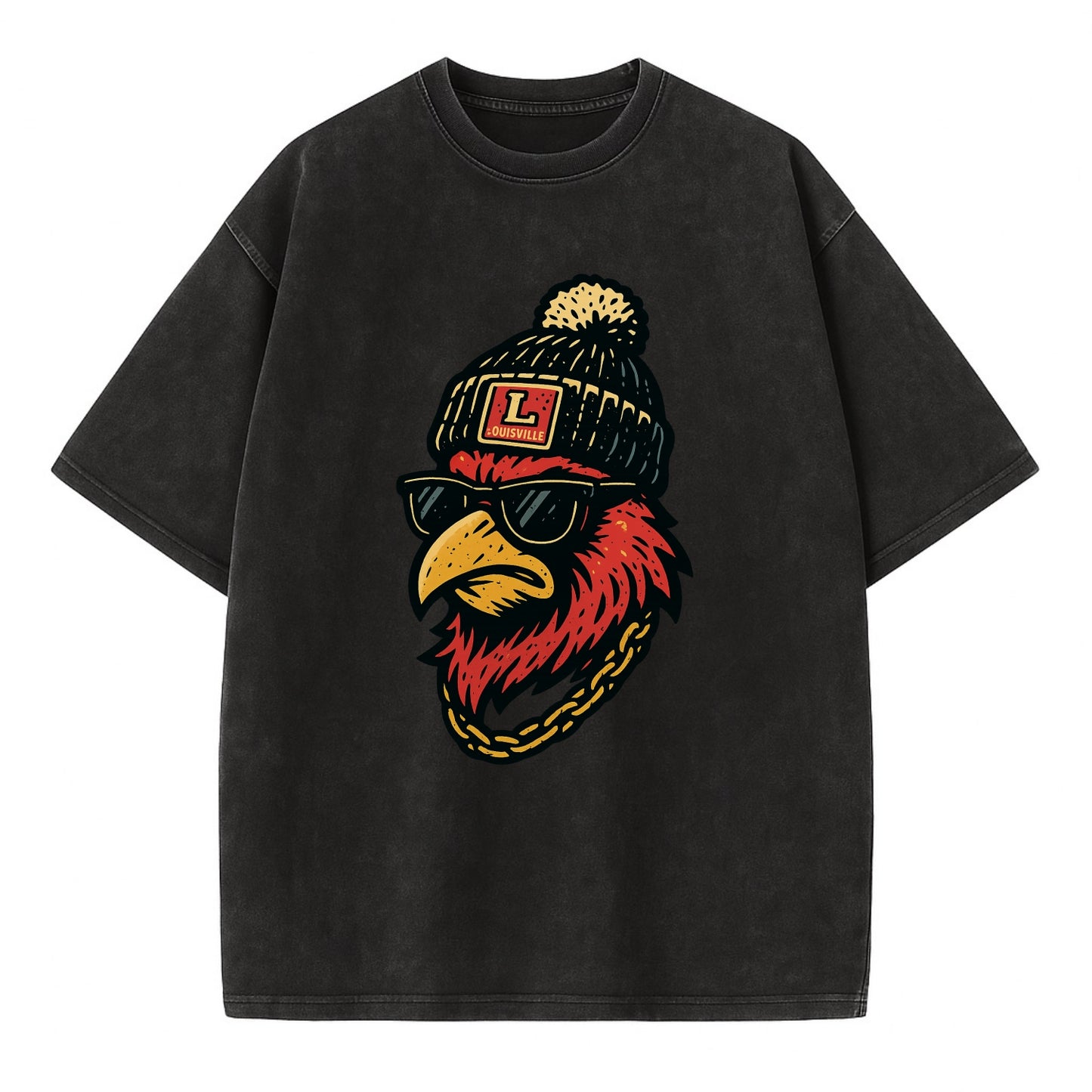 Louisville Cardinal wearing Louisville beanie with L patch - Vintage T-shirt - Black