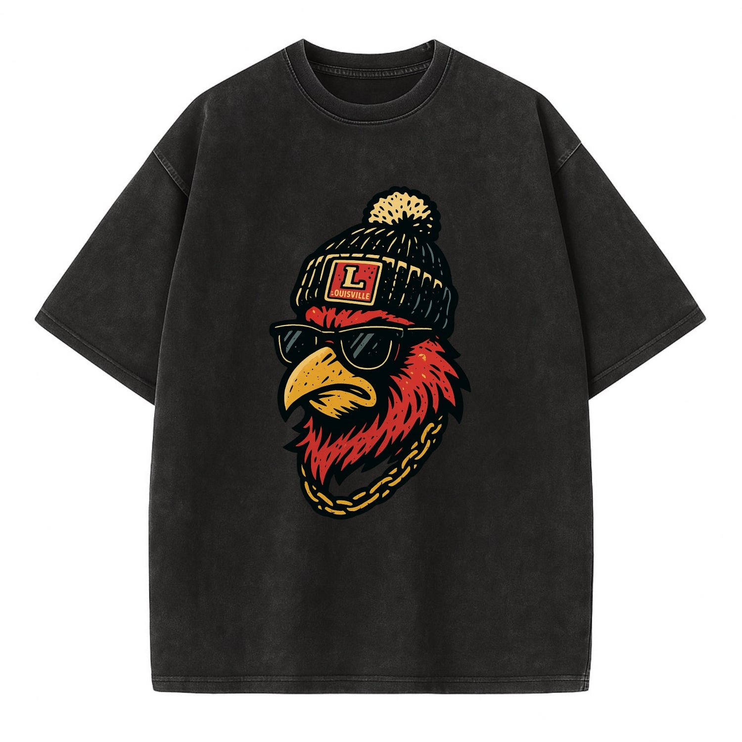 Louisville Cardinal wearing Louisville beanie with L patch - Vintage T-shirt - Black
