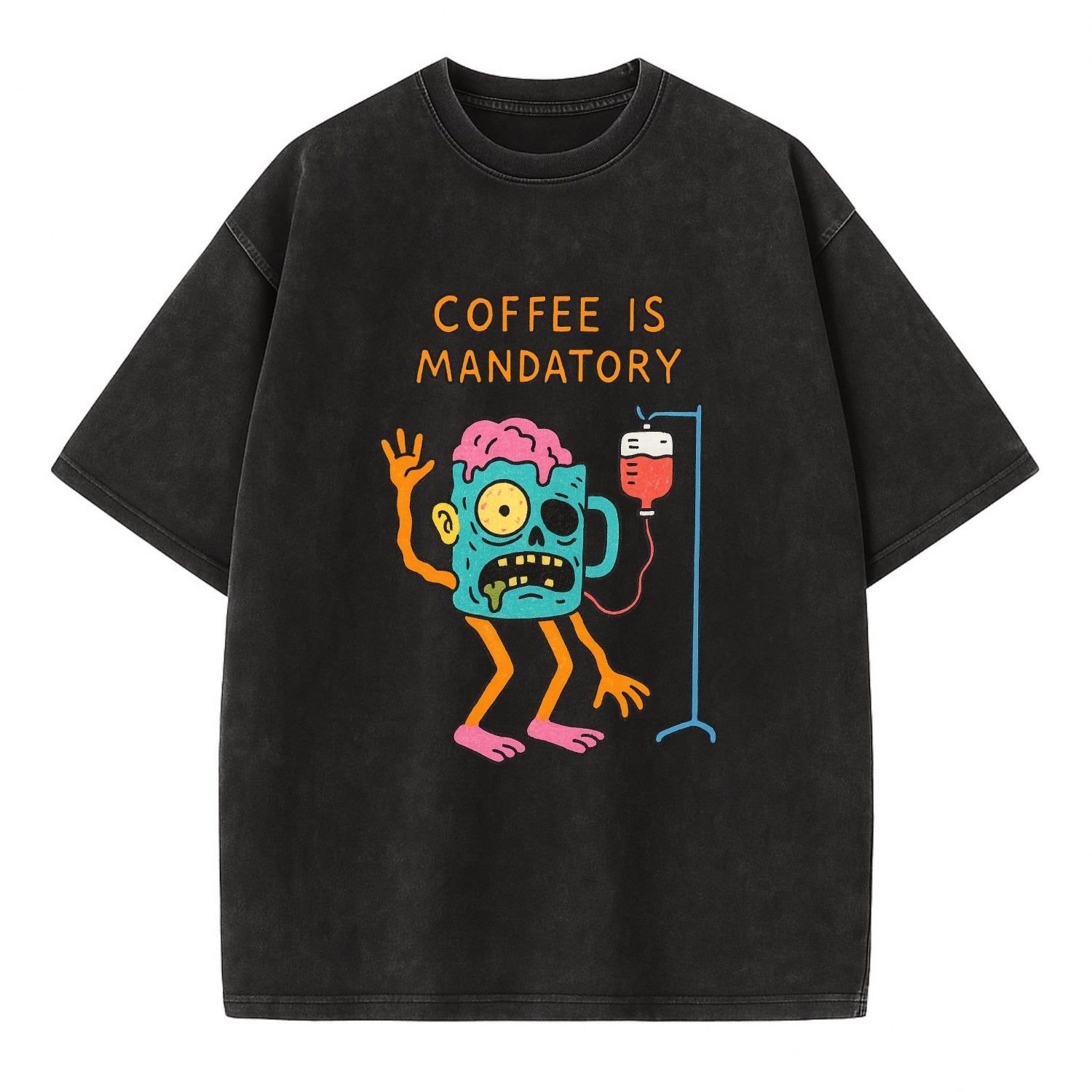 COFFEE IS MANDATORY | Zombie mug with IV drip - Vintage T-shirt - Black