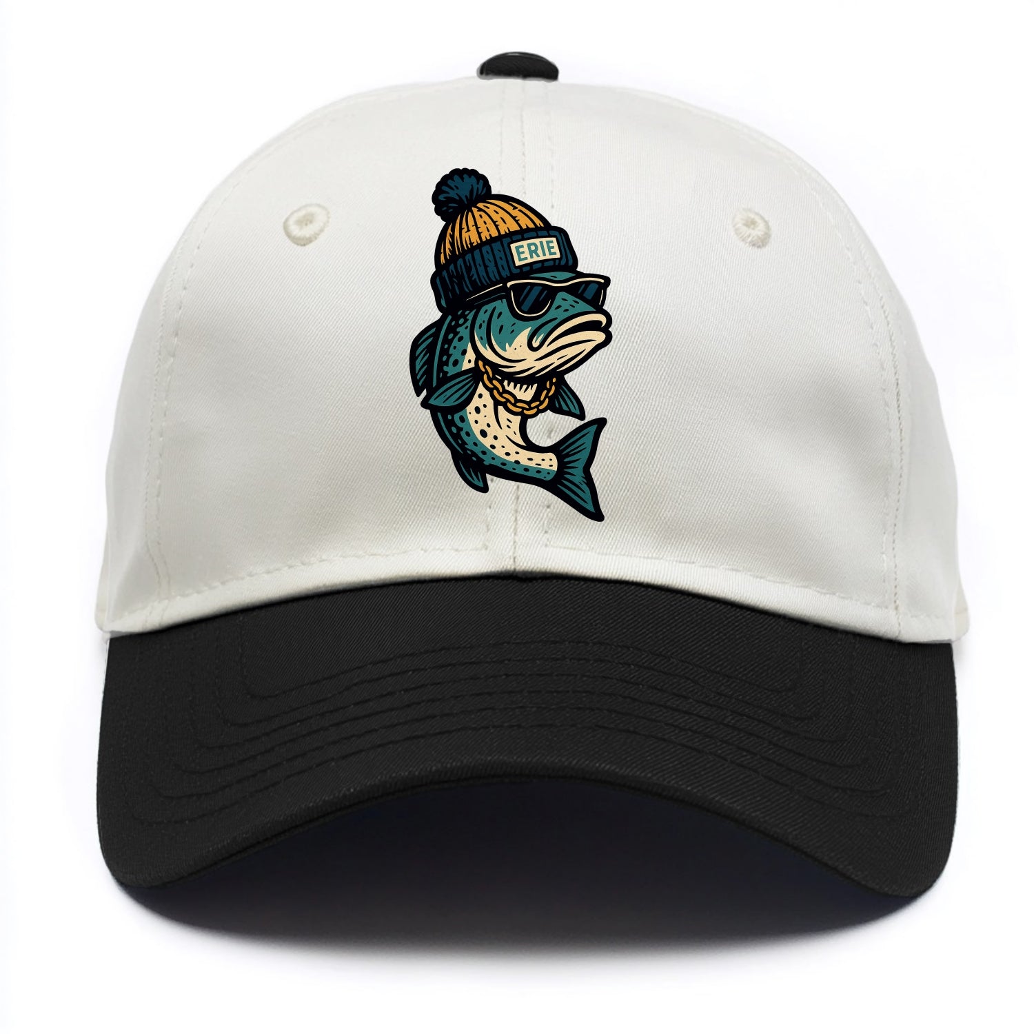 Erie Lake Trout wearing Erie beanie with - Two Tone Cap - Black