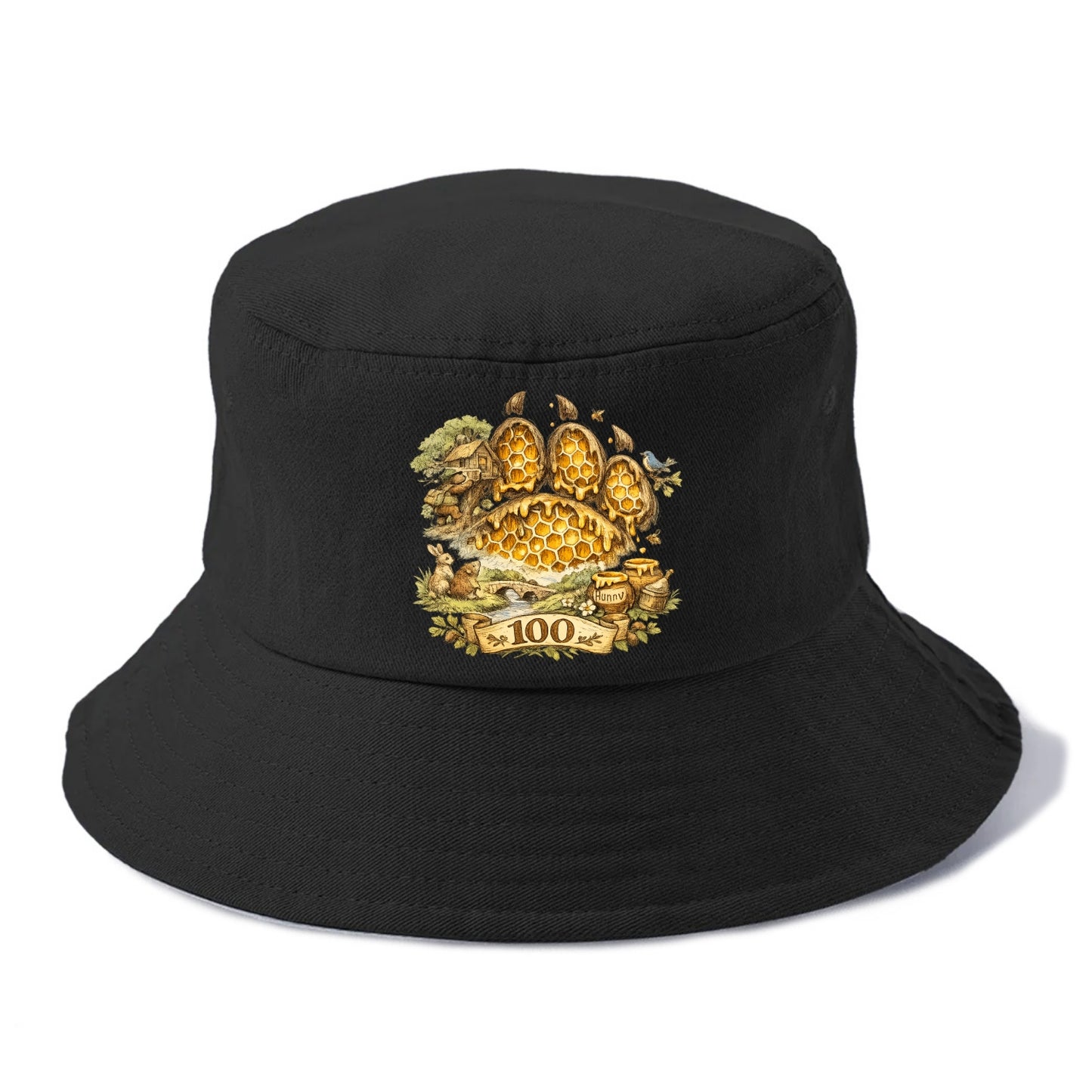 HONEY PAW | Bear paw print filled with honeycomb | Sticky evidence | Forest treasure - Bucket Hat - Black