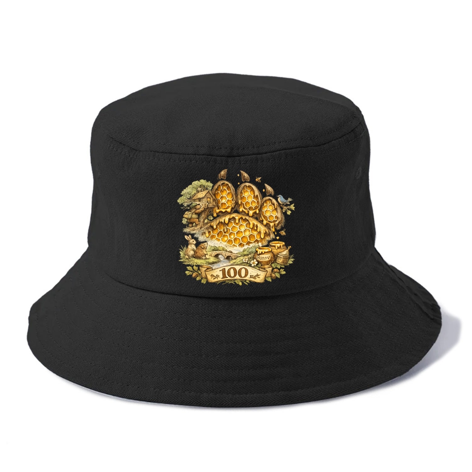 HONEY PAW | Bear paw print filled with honeycomb | Sticky evidence | Forest treasure - Bucket Hat - Black