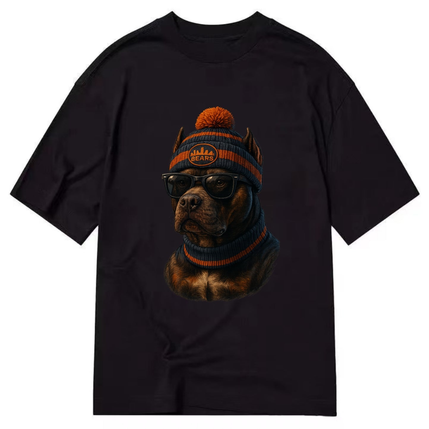 Chicago Pitbull wearing Bears beanie with skyline patch and wayfarer sunglasses - Classic T-shirt - Black